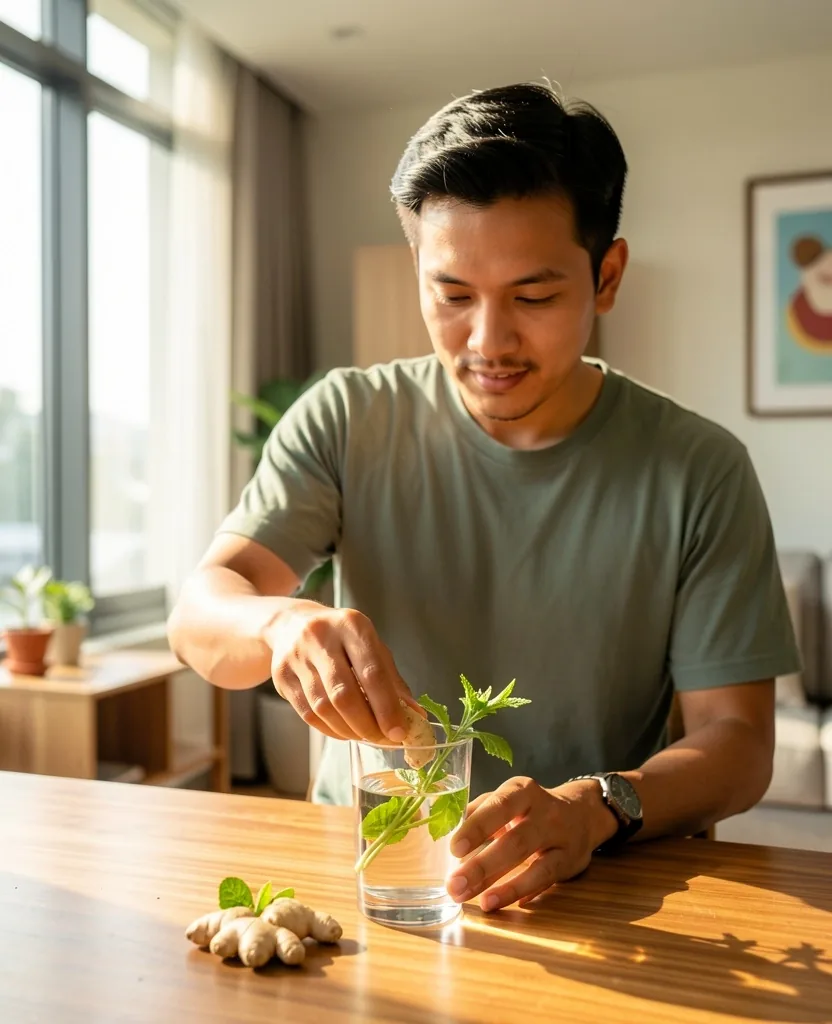 Man preparing a morning wellness drink in a bright kitchen