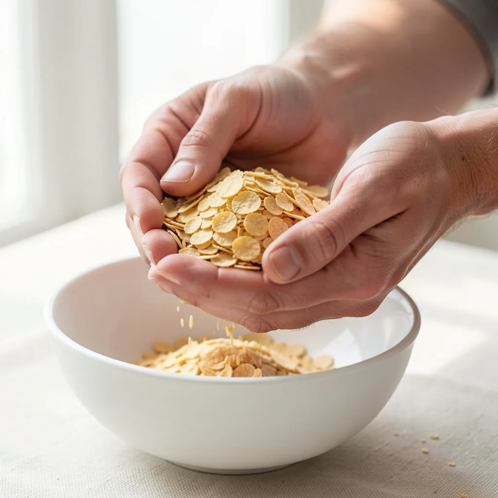 Hands holding nutritional yeast over a white bowl