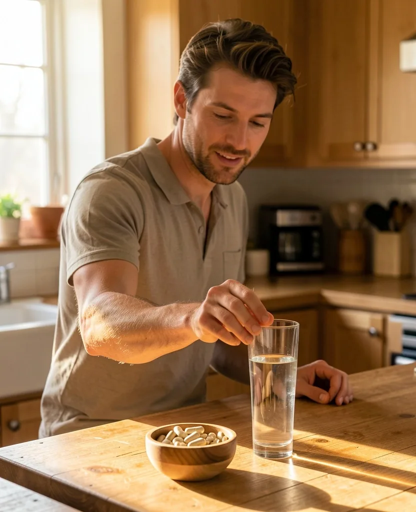 A man preparing his morning wellness routine at a sunlit kitchen counter