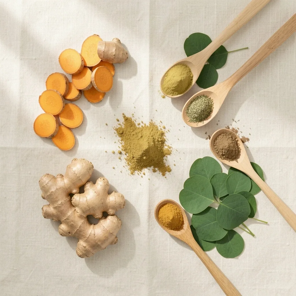 Assorted Indonesian botanical ingredients arranged on linen