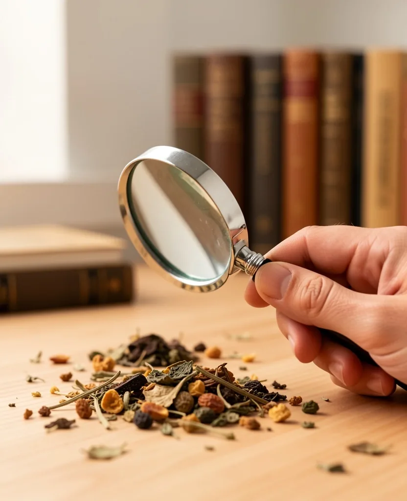 Researcher reviewing botanical reference materials with dried herbs