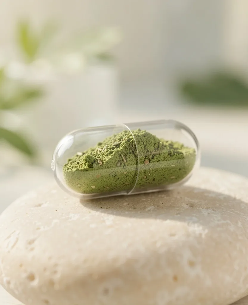 Natural supplement capsule close-up
