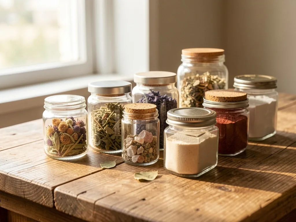 Editorial workspace with botanical ingredients arranged for review